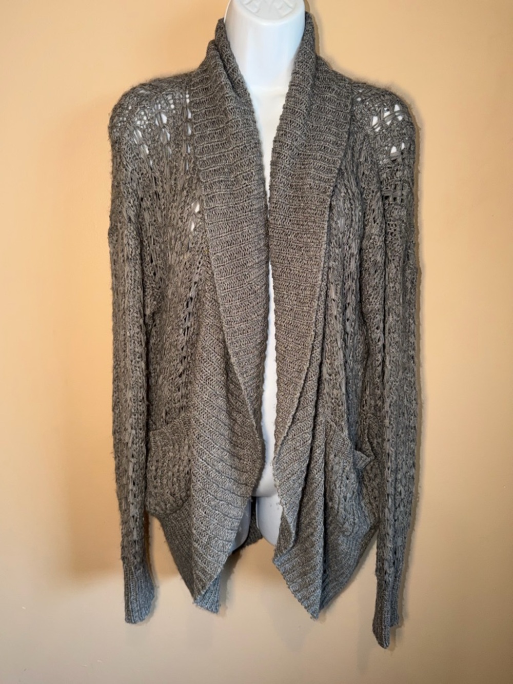Fever Gray Women’s Crochet Knit Longline Drape Cardigan